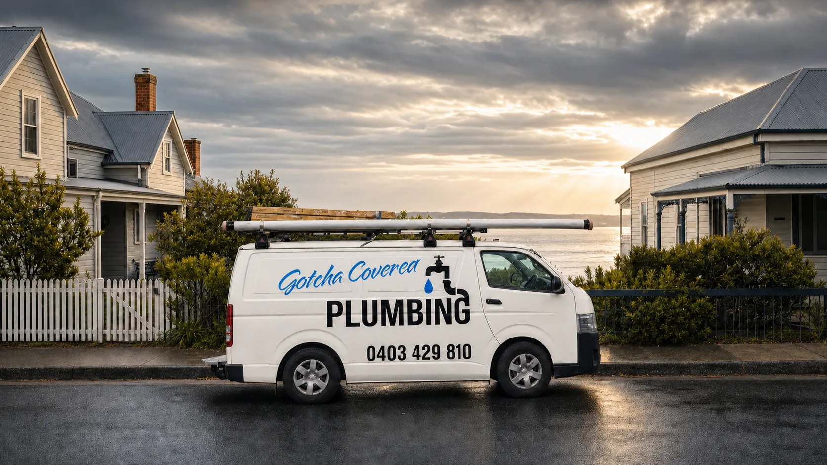 The GotchaCovered Plumbing van parked on a coastal residential street, daytime