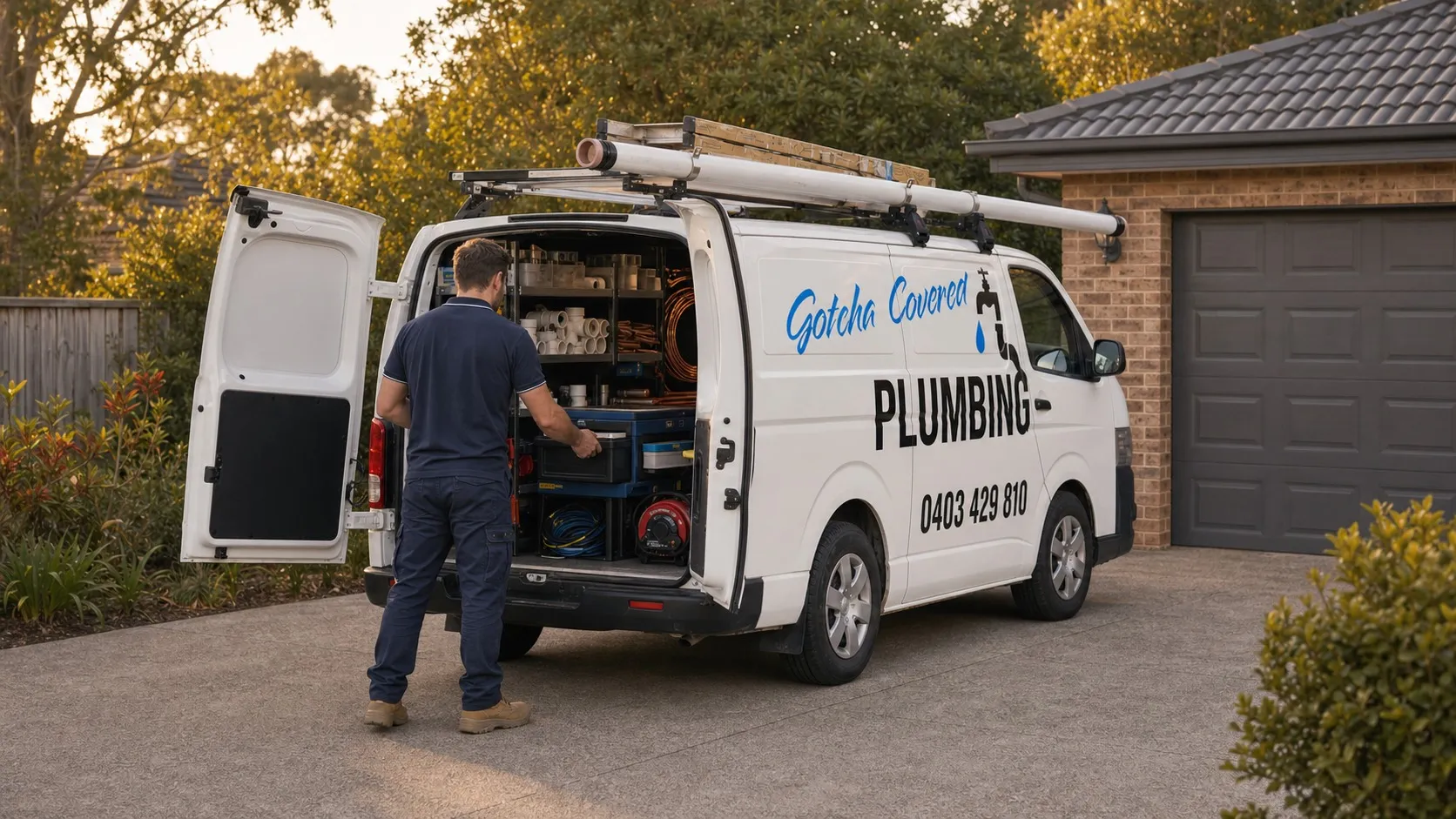 A GotchaCovered plumber taking parts from the back of the fully stocked van