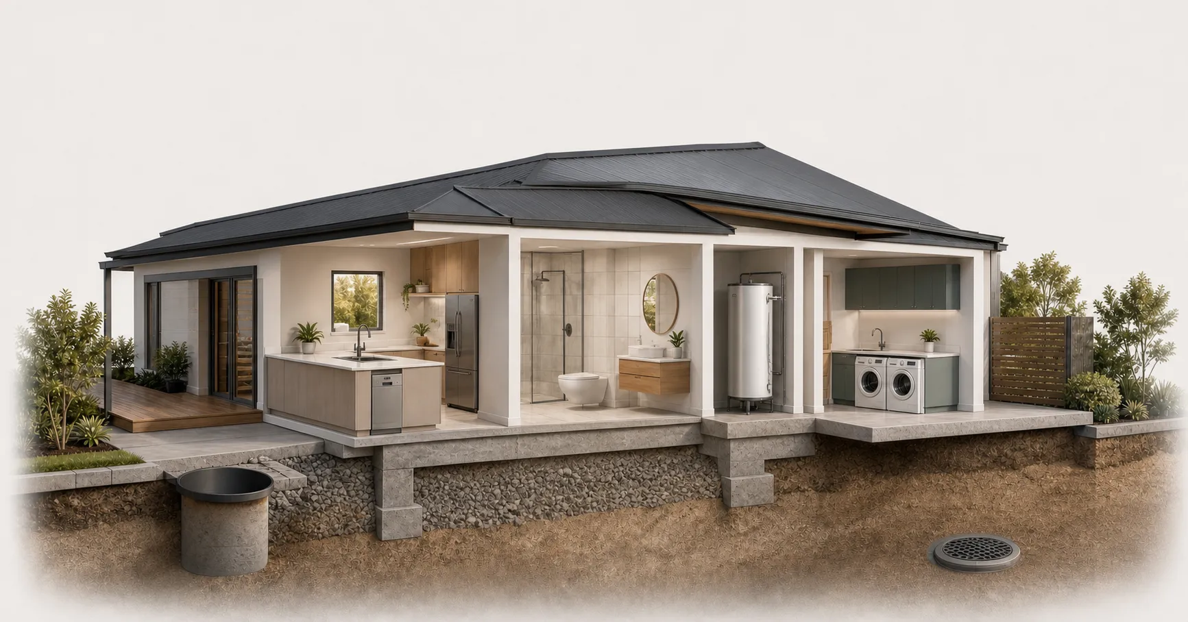 Cutaway of a house showing the kitchen, bathroom, hot water unit and laundry, with the drain run beneath the slab